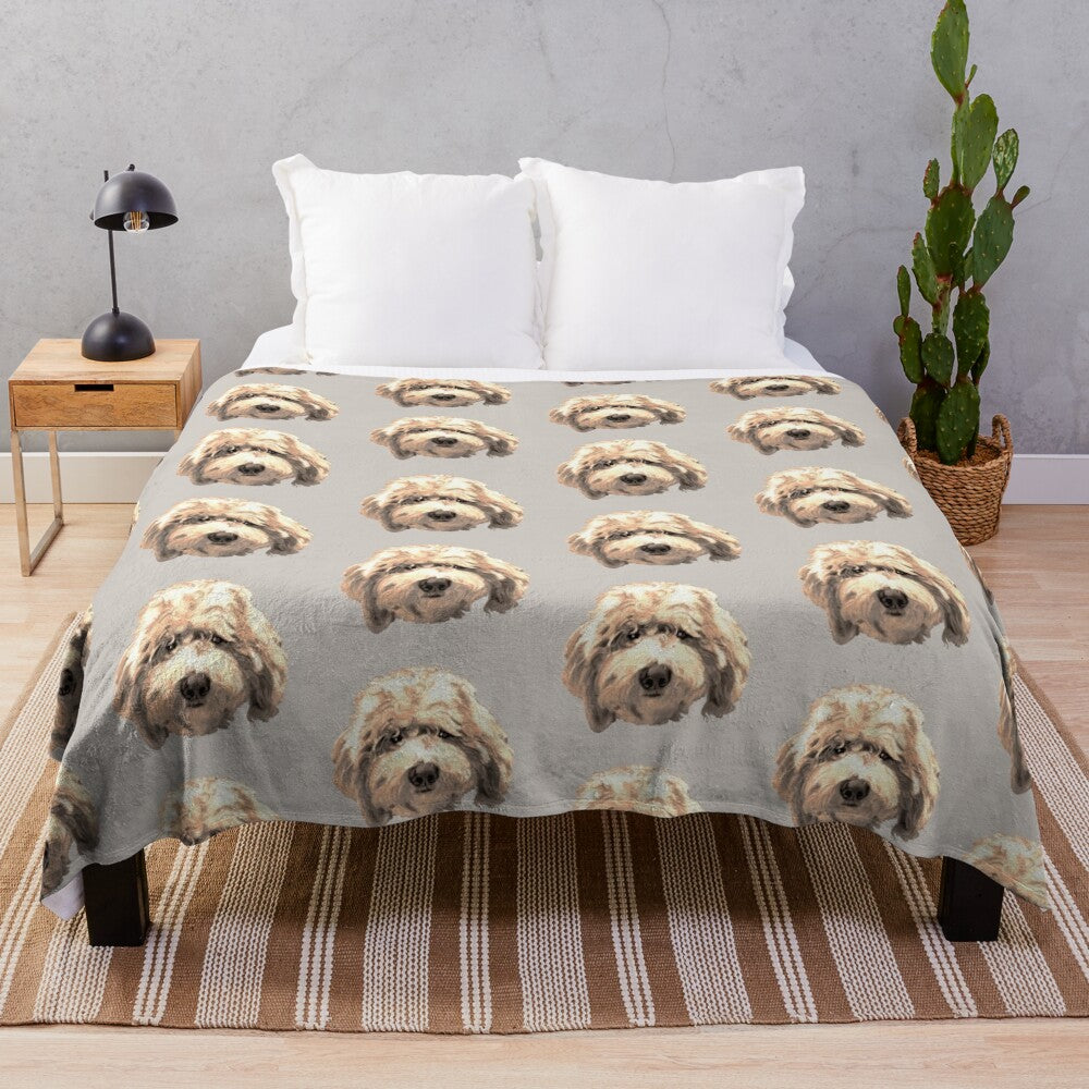 Soft and cuddly golden labradoodle face on a plush blanket