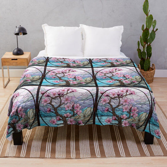 Colorful stained glass floral pattern plush blanket