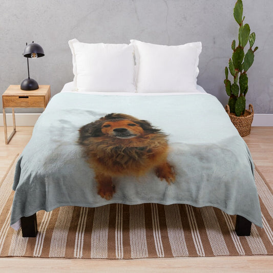 Soft and cozy plush blanket featuring a cute dog in the snow