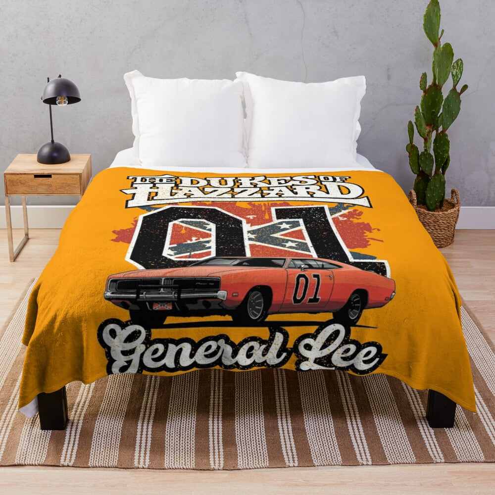 Vintage plush blanket featuring a classic car design inspired by The Dukes