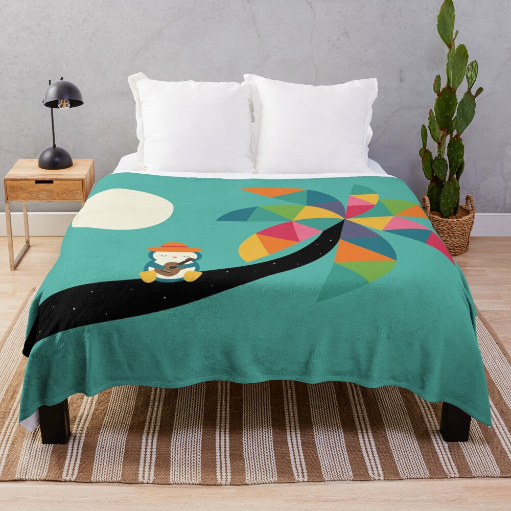 Colorful plush blanket with geometric and tropical patterns