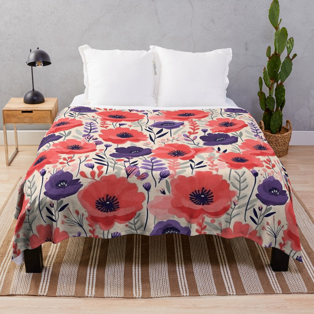 Red and purple poppy pattern on a soft, plush blanket