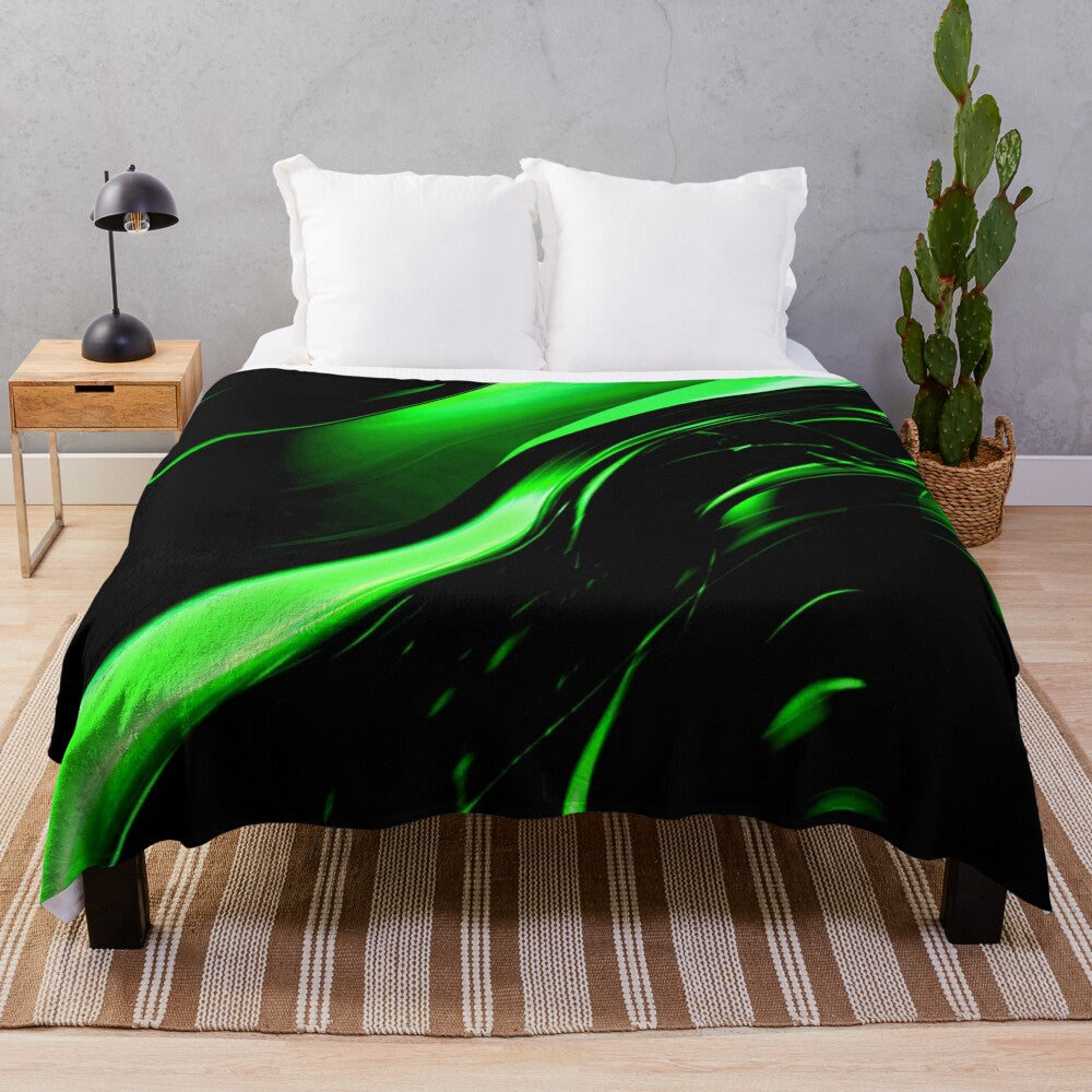 Lime Florescent Green and Black Swirling Abstract Pattern Plush Blanket