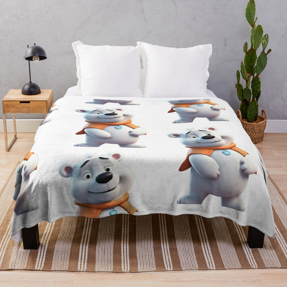 Soft and cuddly plush blanket featuring a friendly cartoon polar bear design