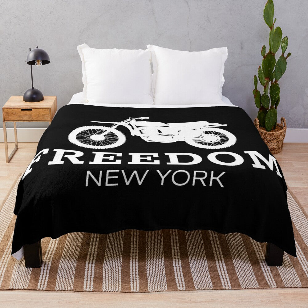 Plush blanket featuring a vintage-style illustration of a person riding a bicycle in New York City