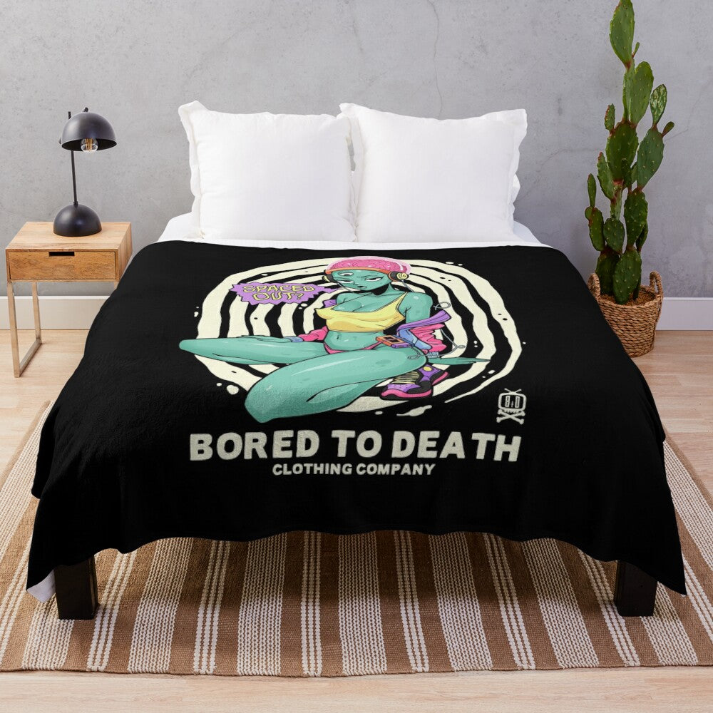 Cosmic-themed plush blanket featuring retro cartoon and dark humor design