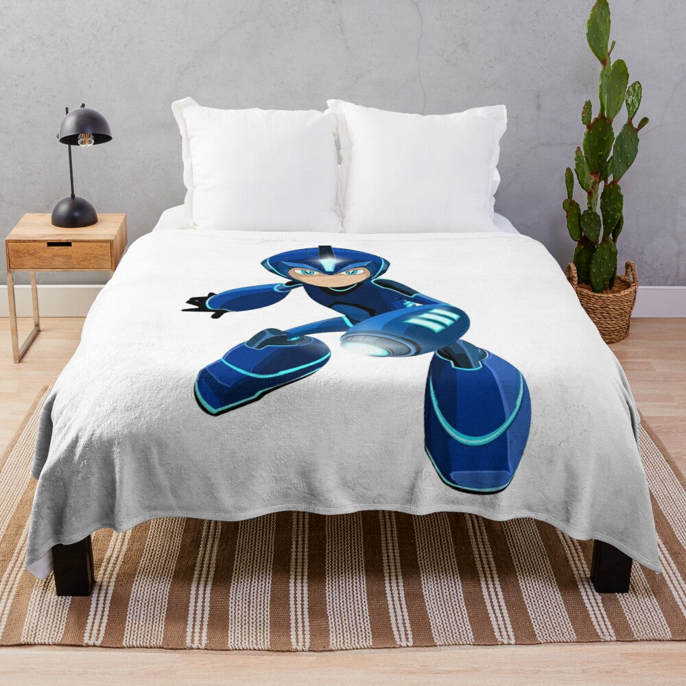 Mega Man inspired plush blanket featuring the iconic blue bomber hero