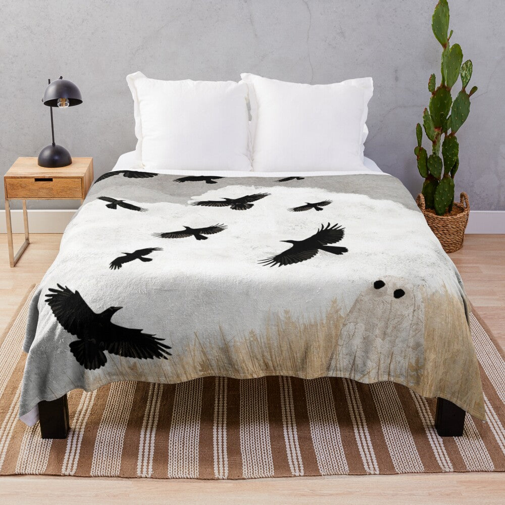 Plush blanket featuring crows and autumn nature imagery