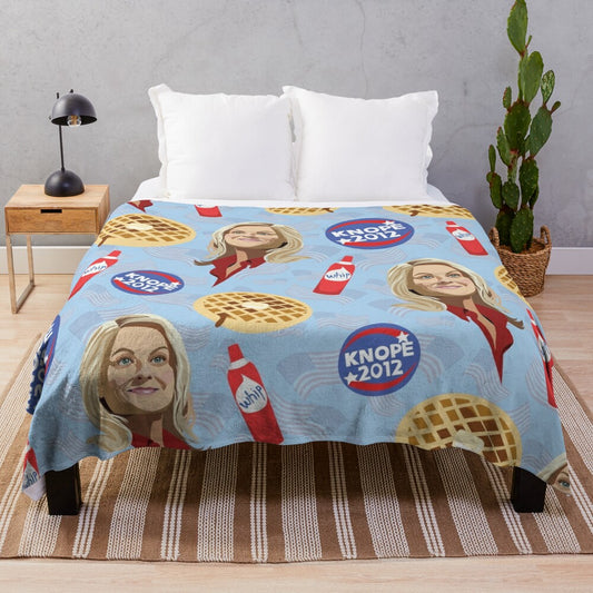 "Friends, Waffles, and Work" themed plush blanket featuring beloved Parks and Recreation characters