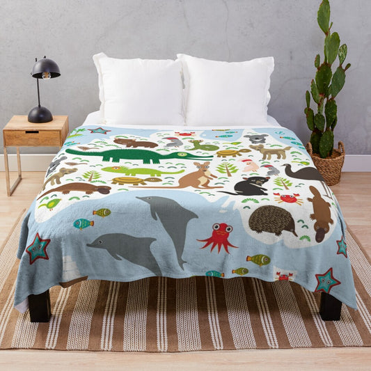 Colorful plush blanket with Australian animal map design