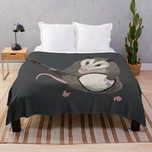 Opossum playing the banjo on a plush blanket