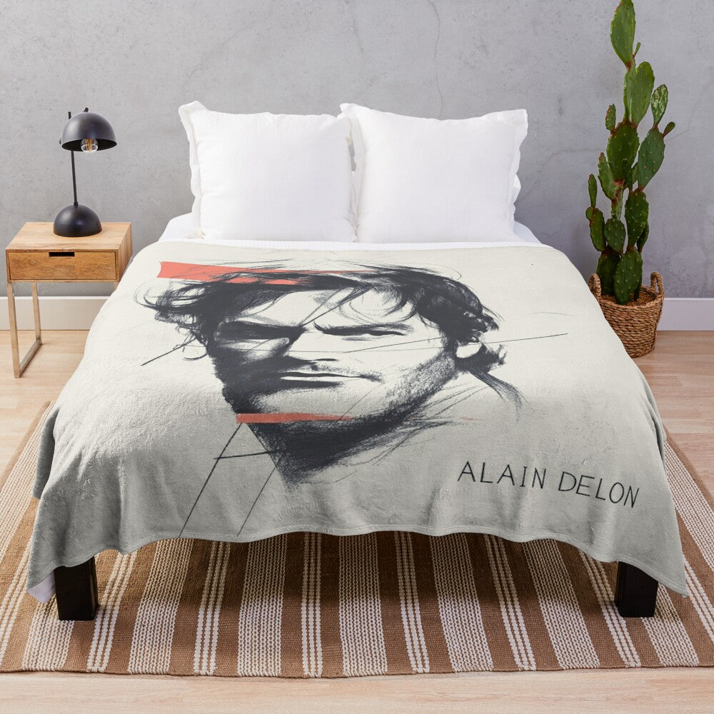 Vintage-inspired plush blanket featuring a dynamic black and white sketch of a French actor