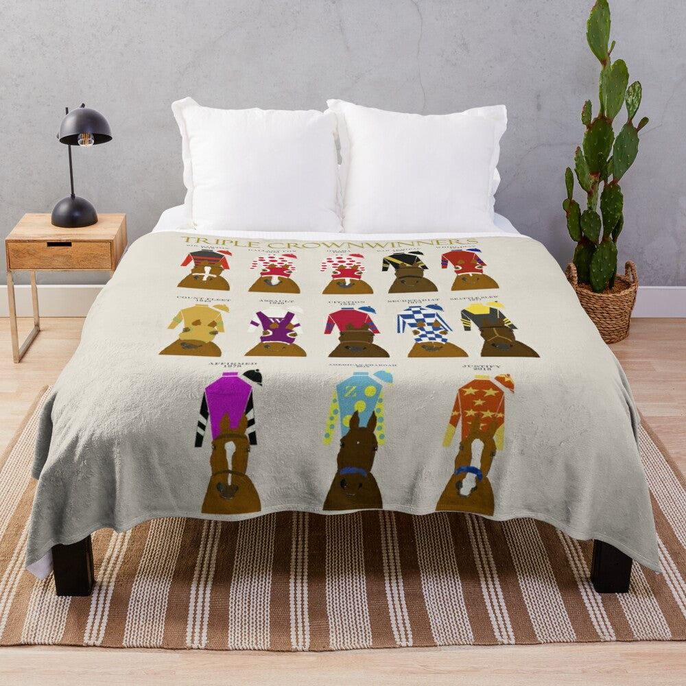 Plush blanket featuring the champion racehorses that won the prestigious Triple Crown