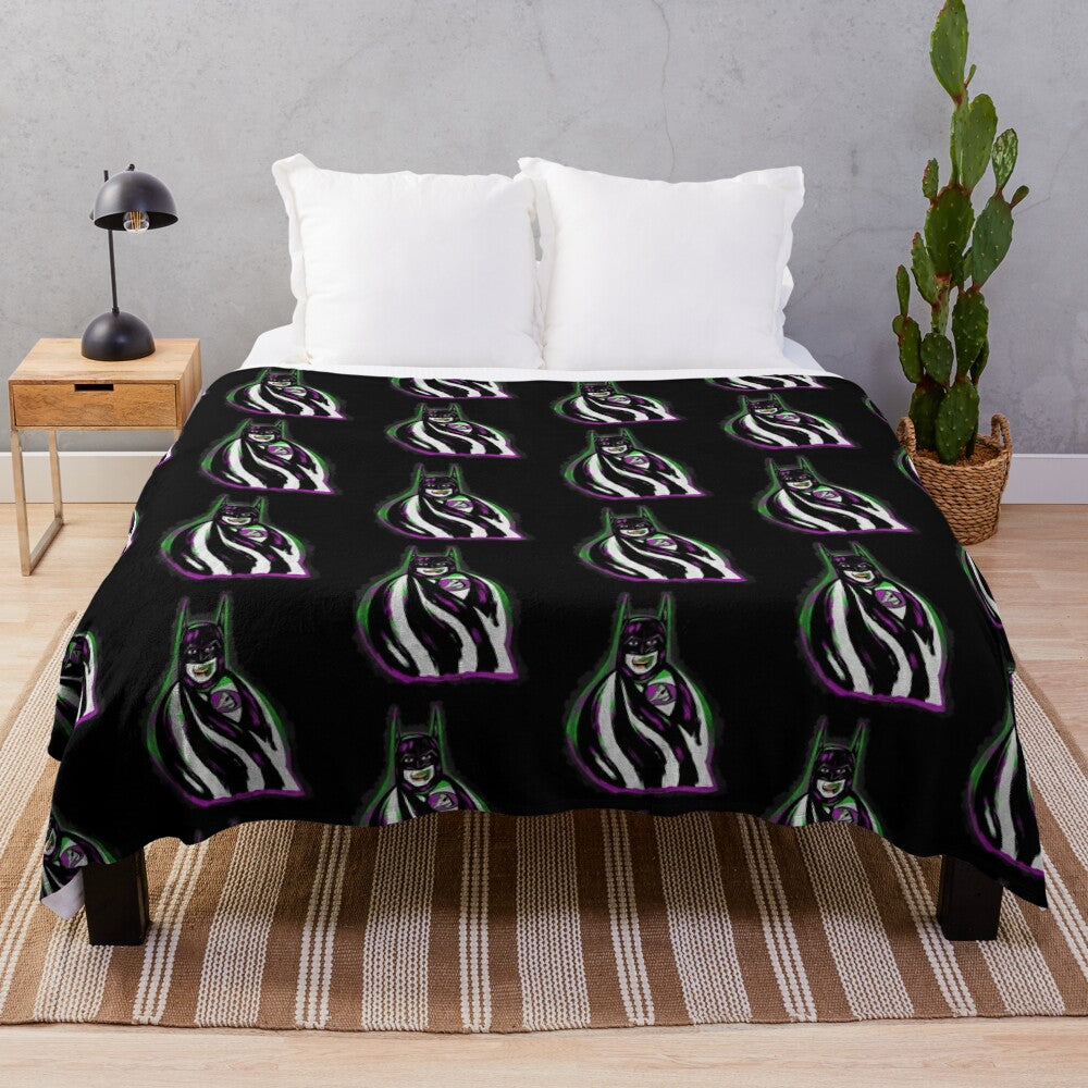 Beetlejuice-inspired plush blanket featuring Michael Keaton and Tim Burton's iconic horror-comedy characters