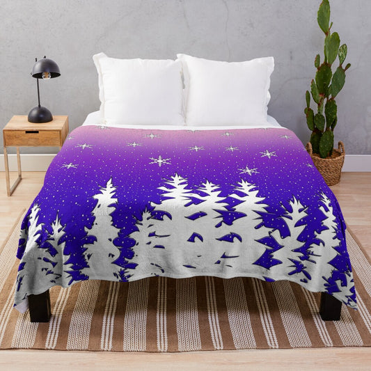 Plush blanket featuring a winter woods scene with trees, snow, and a purple gradient sky