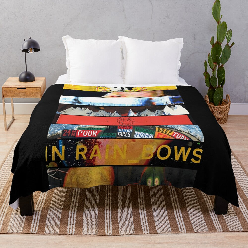 Vintage-inspired plush blanket featuring Radiohead's iconic album art and band logo