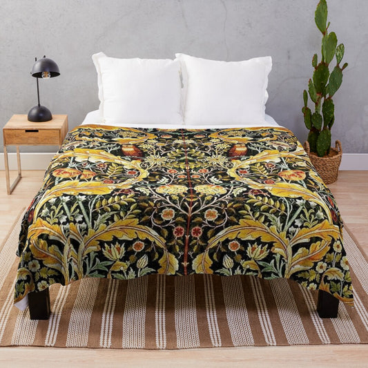 Plush blanket with a vibrant floral and owl pattern inspired by William Morris designs