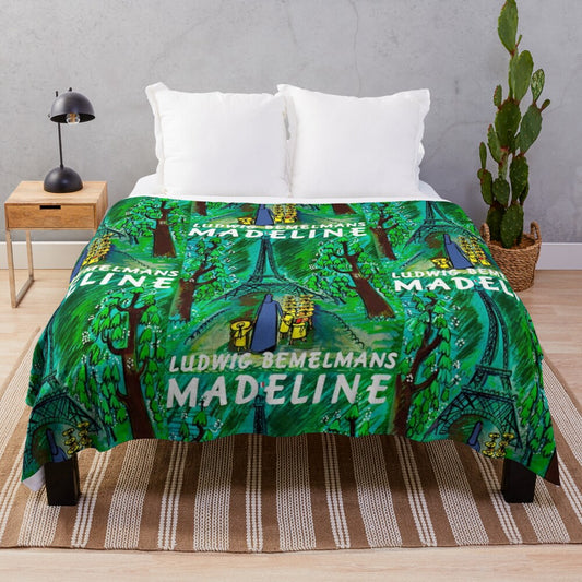 Vintage-inspired plush blanket featuring the iconic Madeline book cover design with the Eiffel Tower