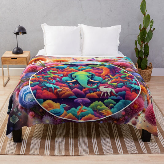 Cozy plush blanket with an artistic, surreal animal kingdom design