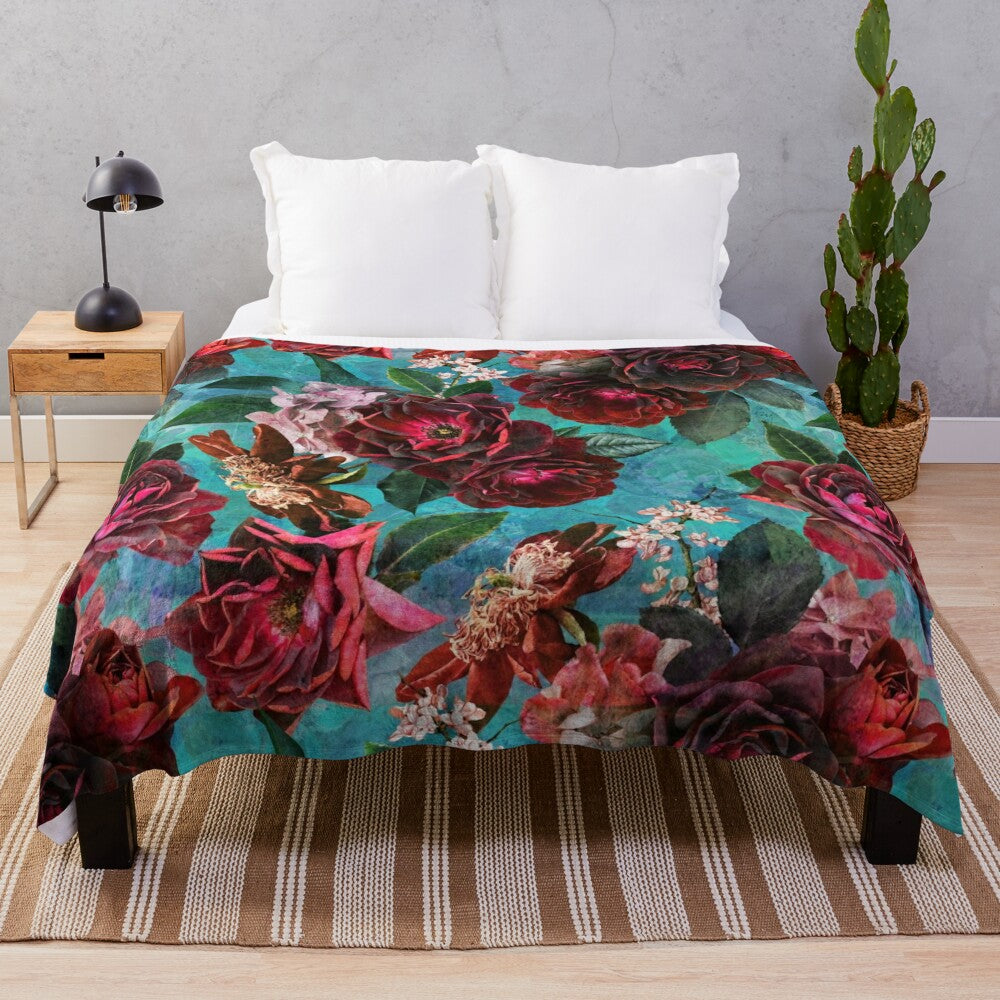 Turquoise vintage summer roses botanical garden plush blanket