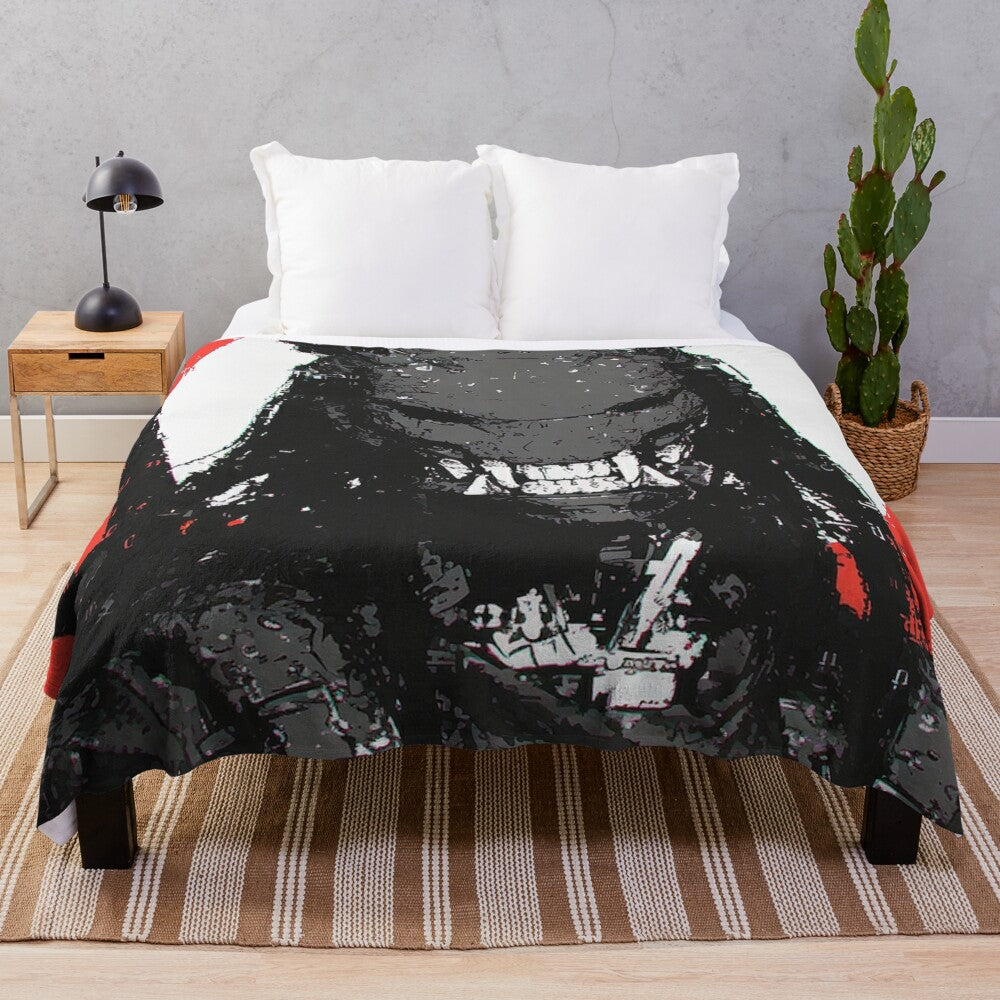 Vibrant and bold plush blanket featuring a samurai-inspired cyberpunk design