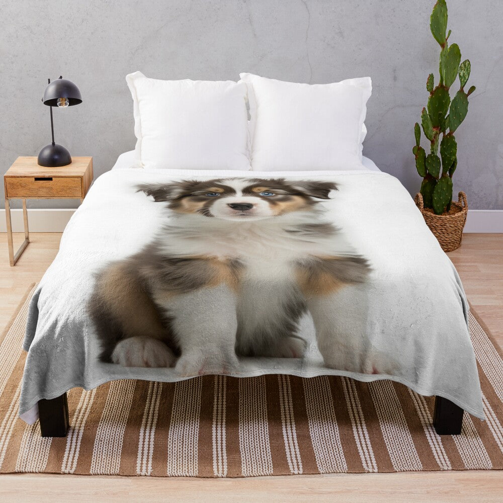 Adorable Australian Shepherd puppy plush blanket