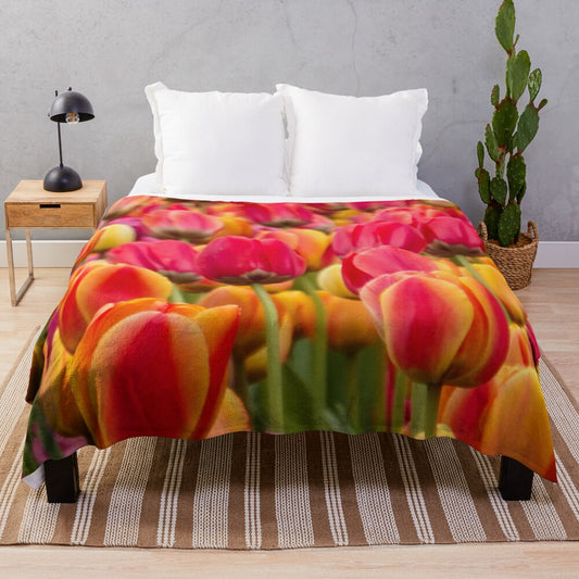 Colorful tulips printed on a soft, plush blanket