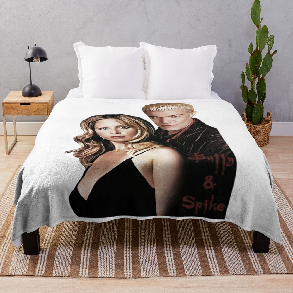 Buffy the Vampire Slayer plush blanket with characters Buffy, Spike, and Willow