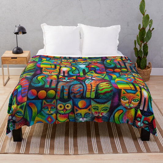 Whimsical plush blanket featuring a colorful illustration of a cat and owl