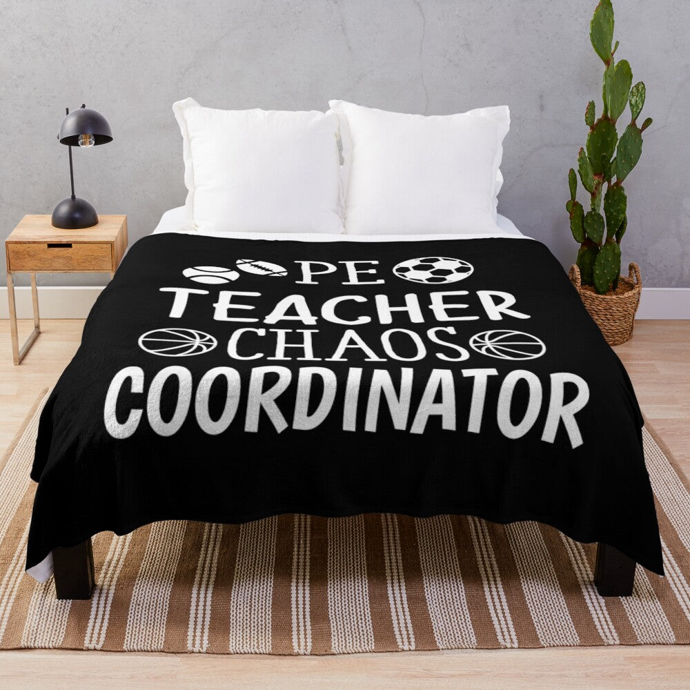 Plush blanket with "Physical Education Chaos Coordinator" design, featuring a vintage-style graphic for PE teachers and coaches.