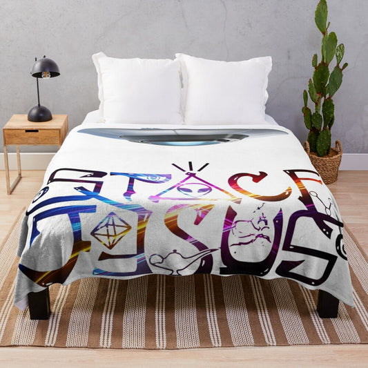 Vibrant and hypnotic psychedelic plush blanket with abstract cosmic and space-themed design