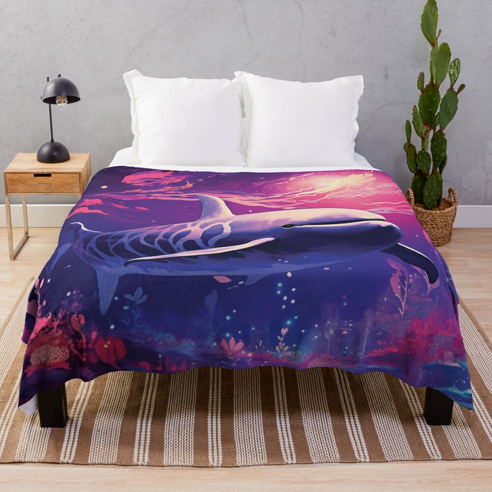 Plush blanket featuring whimsical and legendary sea creatures in a dreamy, abstract ocean landscape design by BrianM Art