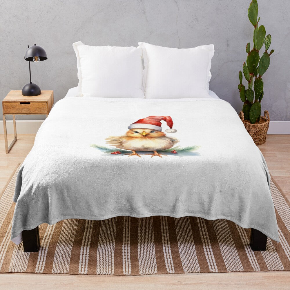 Soft and fluffy Christmas-themed plush blanket with a cute chicken design