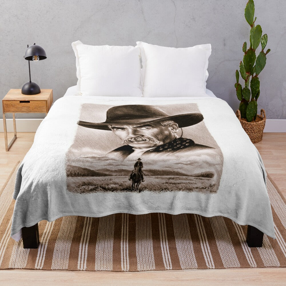 Sepia-toned plush blanket with a realistic drawing of Sam Elliott, the iconic Western actor, in his signature cowboy attire.