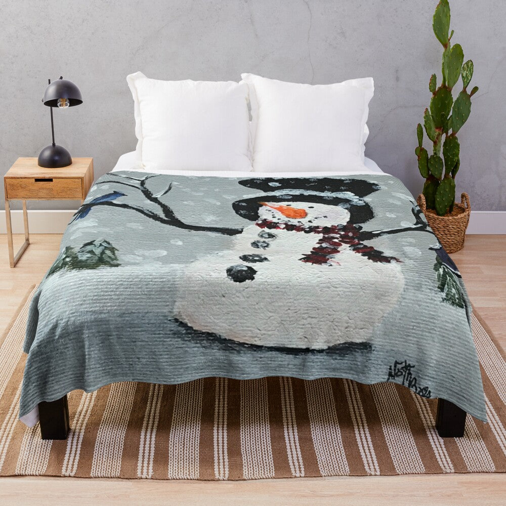 Soft and fluffy plush blanket with a snowman design, perfect for snowy winter days