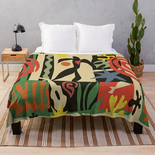 Vintage-inspired plush blanket with Matisse-inspired abstract design