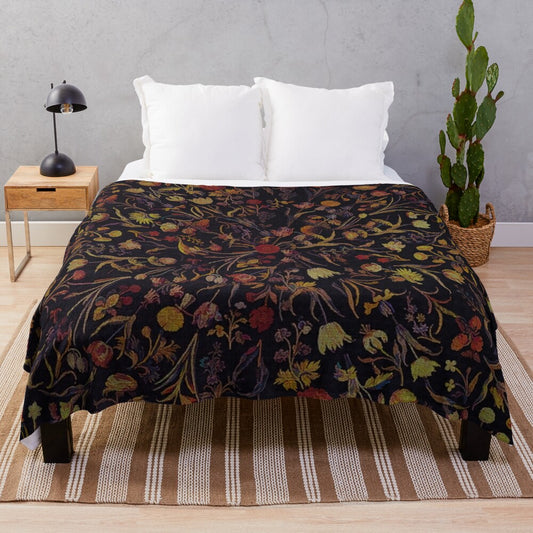 Midnight Floral Plush Blanket with Mythical Design