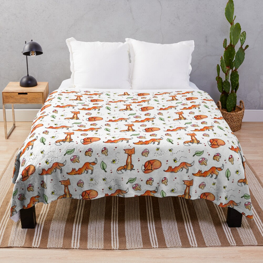 Cozy plush blanket featuring a fun and colorful pattern of foxes and bees