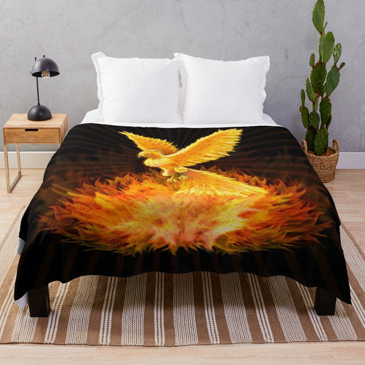 Plush blanket featuring a phoenix rising from flames, a mythological bird of hope and rebirth