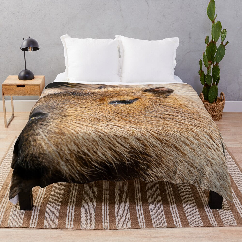 Capybara plush blanket with a detailed profile of the semi-aquatic rodent