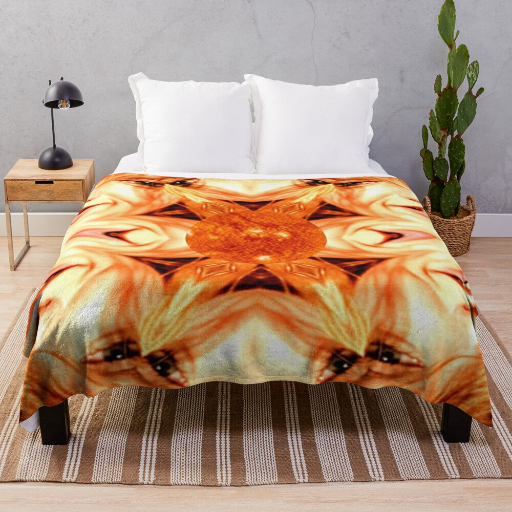 Colorful and vibrant plush blanket with a sun design