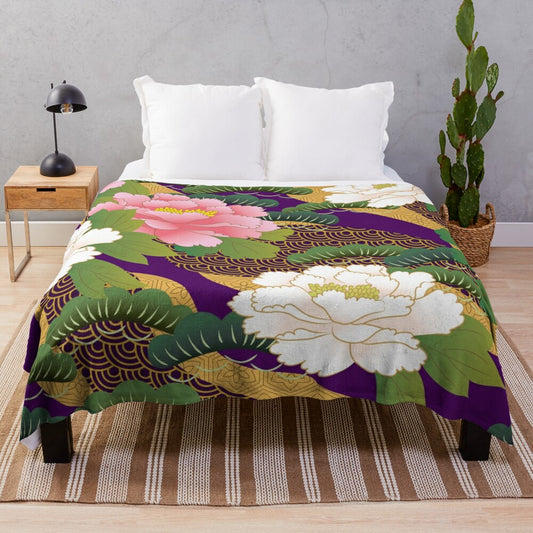 Peony floral plush blanket with Japanese-inspired textile design