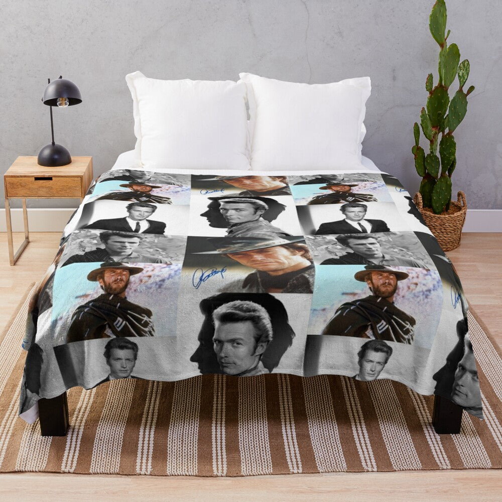 Vintage Clint Eastwood collage design on a plush blanket