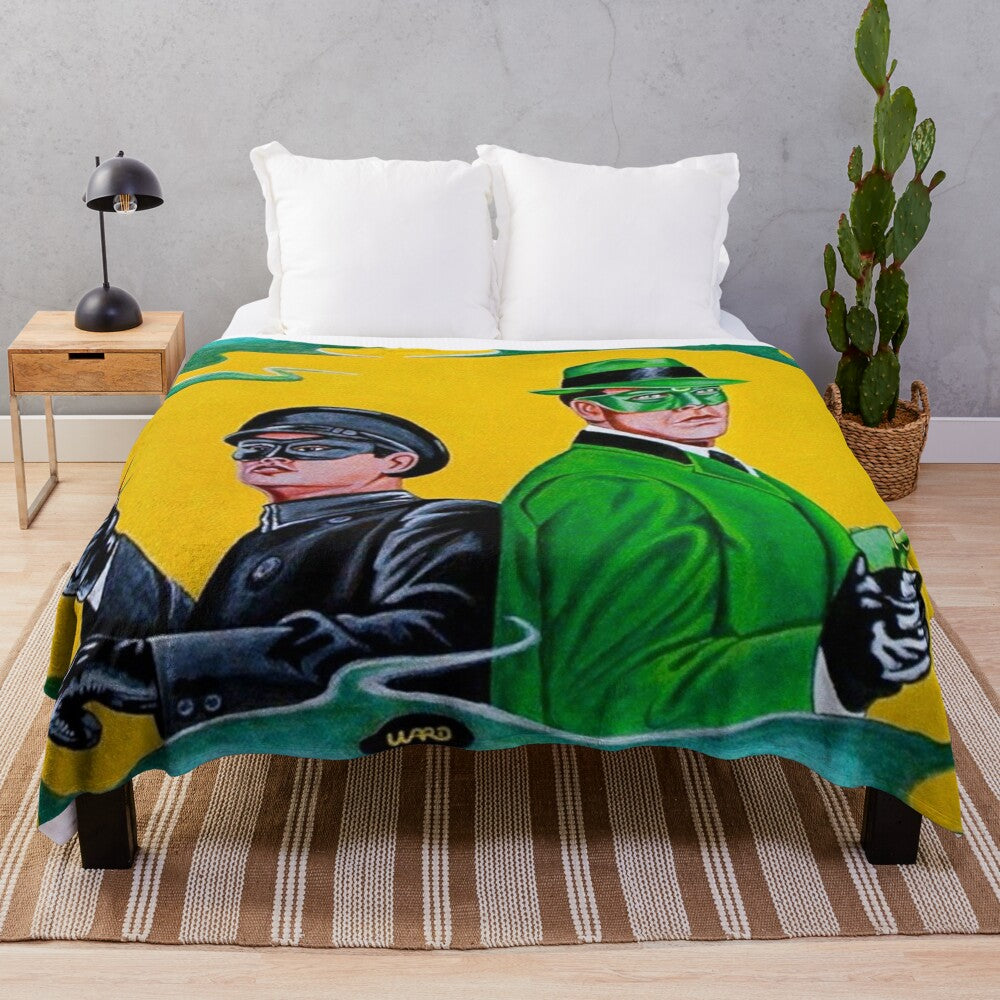 Retro-inspired plush blanket featuring the Green Hornet and Kato from the classic 1960s TV show