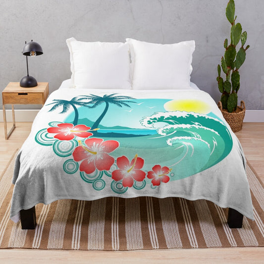 Tropical Hawaiian Island Plush Blanket with floral and island designs