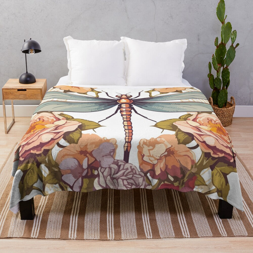 Vintage-inspired dragonfly and floral design plush blanket