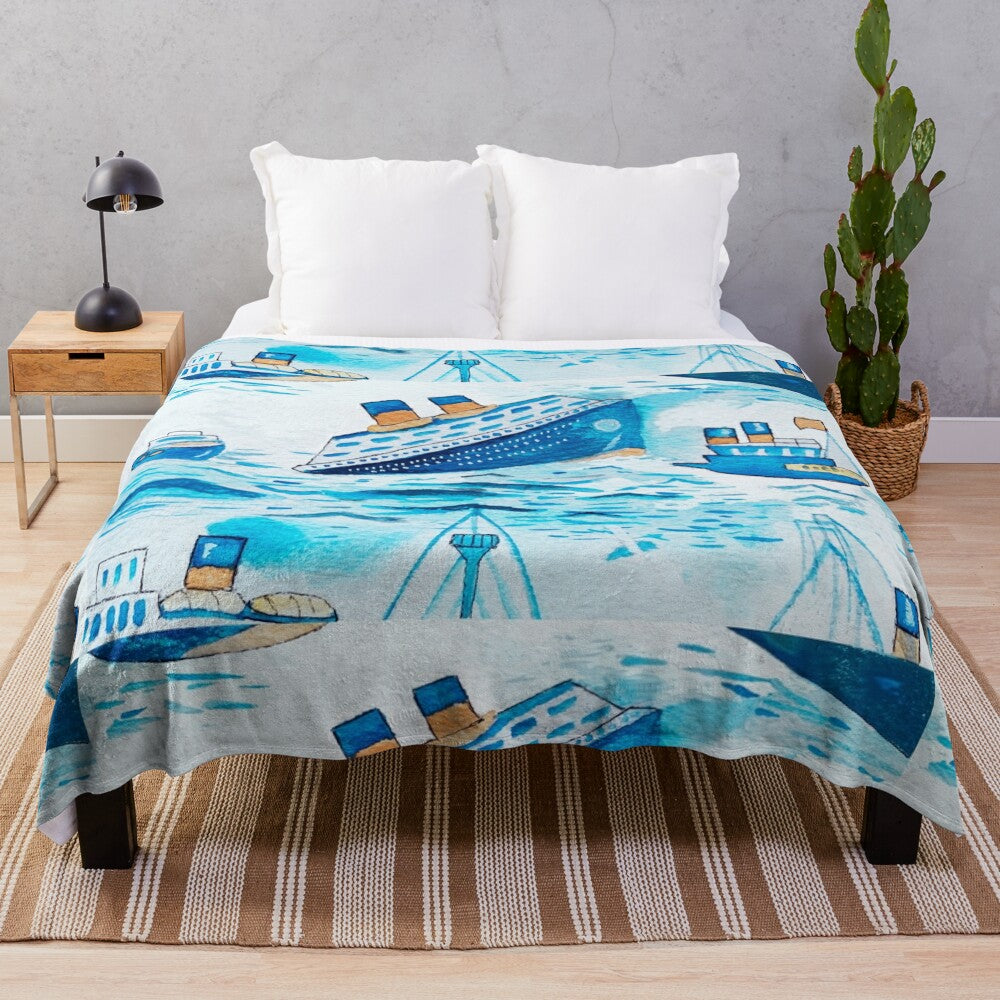 Watercolor ferry boats scrub cap plush blanket