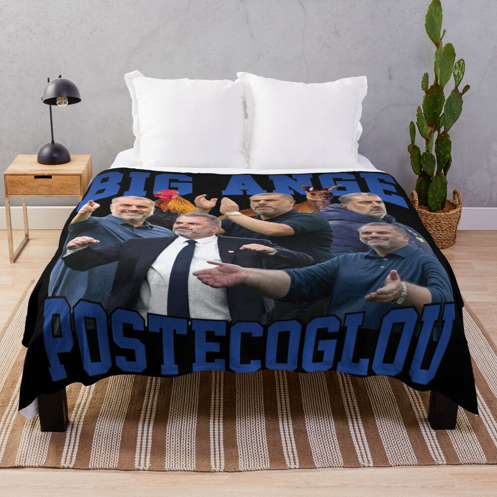 Graphic plush blanket featuring a design of Big Ange Postecoglou, the manager of Tottenham Hotspur