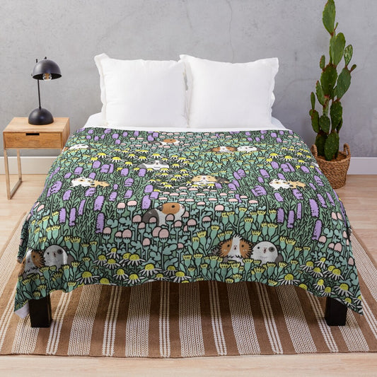 Cozy plush blanket with a whimsical guinea pig and herb garden design