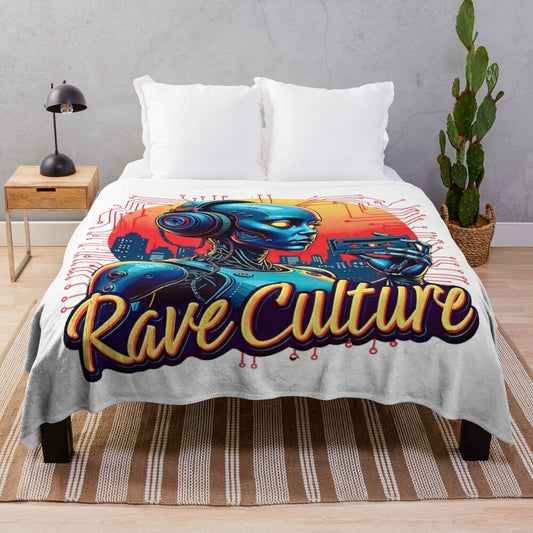 Neon Rave Culture Plush Blanket featuring cyberpunk inspired design